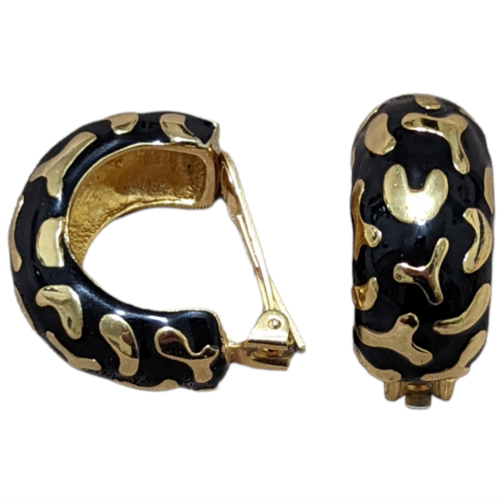 Vintage Enamel Leopard Animal Print Clip On Earrings Gold Tone Black Hoop Marked